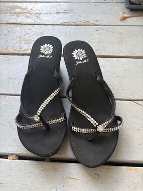 Yellow Box Black Crystal-Strap Flip Flop Sandals